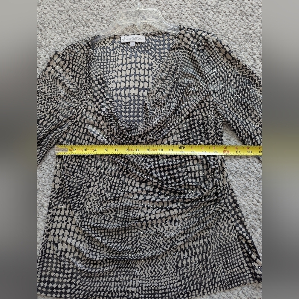 Elegant Women's (Size Large) Black & Tan Cowl Neck Rouched Shimmering Blouse/Top - Picture 13 of 16